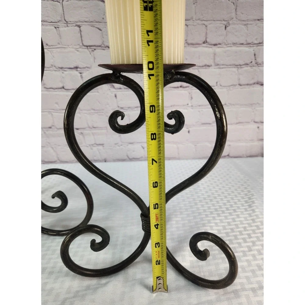 Wrought Iron Pillar Candle Holders Set Candlestick Scroll Design Rustic Vintage